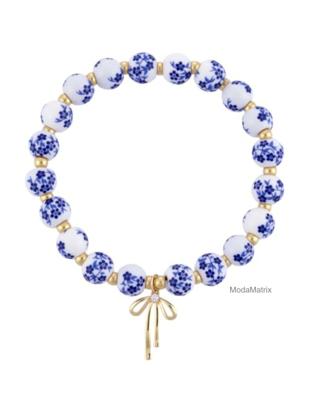 Vintage Bow Charm Stretch Bracelet Porcelain Bead Gold Plated